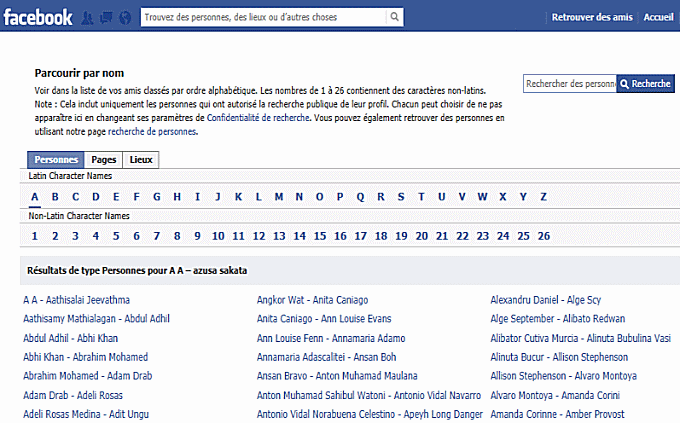 Le répertoire des utilisateurs du réseau social Facebook
