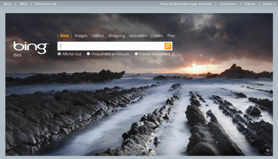 Page d'accueil du moteur de recherche Bing le 2 juillet 2009