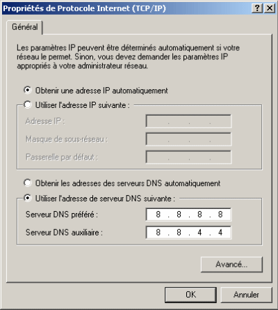 Modifier la configuration du protocole TCP/IP en indiquant l'adresse des serveurs DNS Google